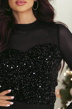 Black Long Sleeves Sequin Mesh Mock Neck Blouse