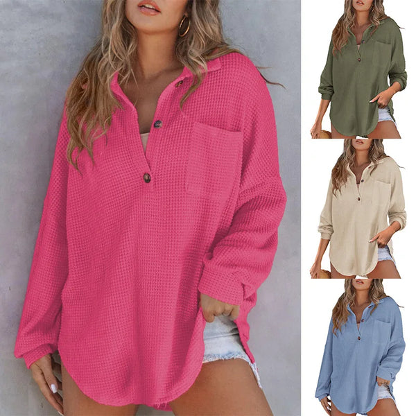 Simple Long Sleeved Button Blouse Women's Solid Color Loose T-Shirt Autumn Spring Top