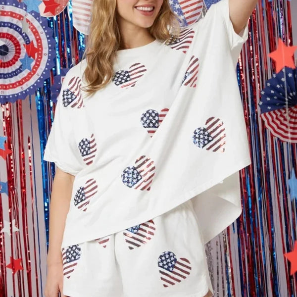 2024 Summer New Women's Independence Day t shirt Sequin Pants Two-piece y2k top
