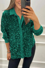 Spring Autumn Casual Shiny Sequin Women's Shirt Elegant Office Lapel Long Sleeved Top Fashion