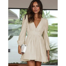 French Style Long Sleeve V-Neck Solid Color Dress Elegant
