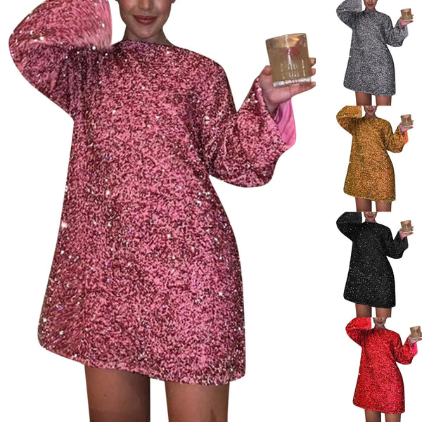 Women's Round Neck Long Sleeve Sparkling Sequin Dress And Cute Party Dress Women 2025 Trend Womens Dress