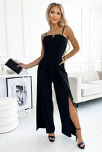 Black Spaghetti High Slit Leg Jumpsuit with Pockets