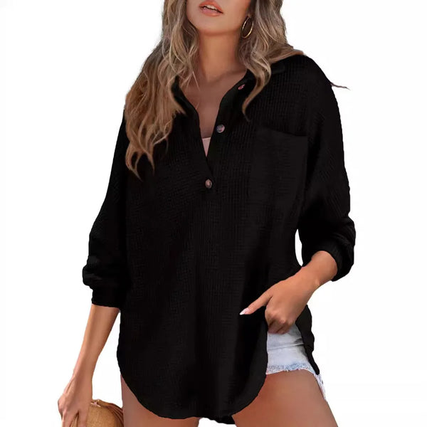 Simple Long Sleeved Button Blouse Women's Solid Color Loose T-Shirt Autumn Spring Top