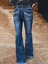 Double Button Geometric Embroidered Back Bag High Waist Skinny Mature Women's Denim Trousers