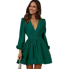French Style Long Sleeve V-Neck Solid Color Dress Elegant