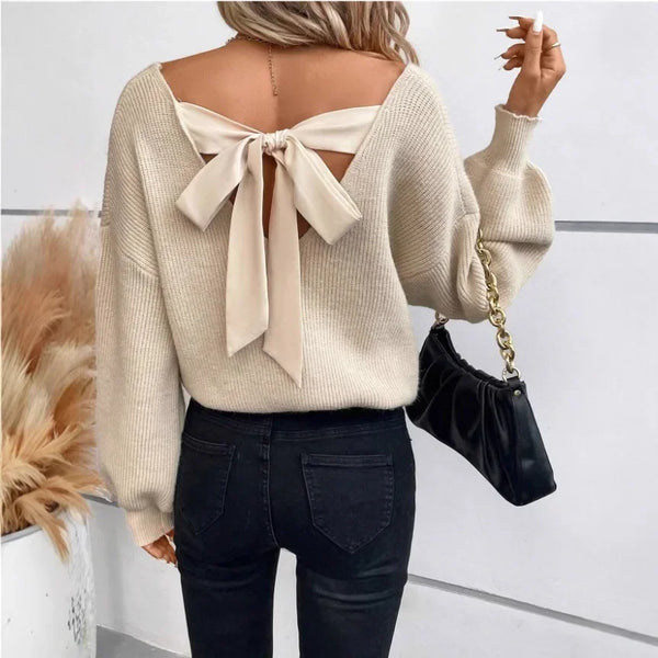 Women's Knitted Sweater Deep V Neck Bow Lantern Sleeves, Clothing for Women Simple Fashion