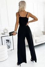 Black Spaghetti High Slit Leg Jumpsuit with Pockets