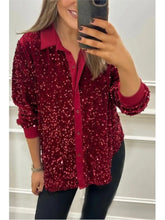 Spring Autumn Casual Shiny Sequin Women's Shirt Elegant Office Lapel Long Sleeved Top Fashion