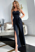 Black Spaghetti High Slit Leg Jumpsuit with Pockets