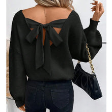 Women's Knitted Sweater Deep V Neck Bow Lantern Sleeves, Clothing for Women Simple Fashion