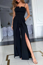 Black Spaghetti High Slit Leg Jumpsuit with Pockets