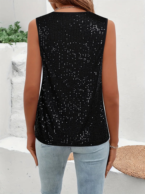 Plunging Neck Sequin V Neck Tank Top, Sleeveless Top, Women's Clothing