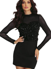Black Long Sleeves Sequin Mesh Mock Neck Blouse