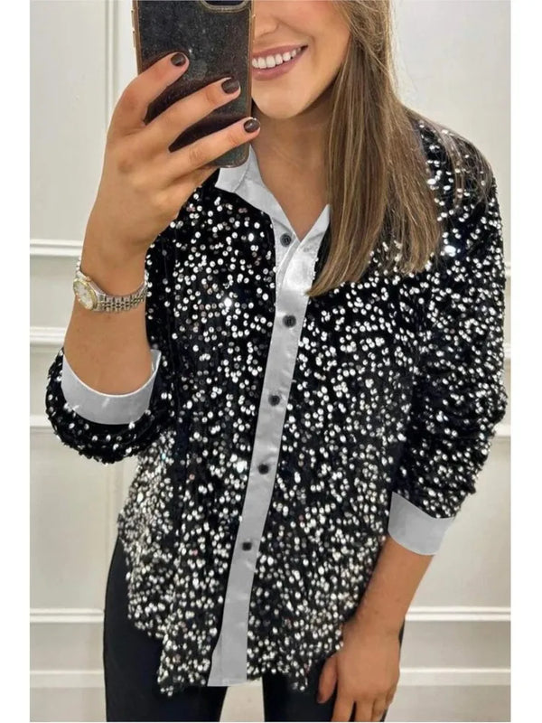 Spring Autumn Casual Shiny Sequin Women's Shirt Elegant Office Lapel Long Sleeved Top Fashion