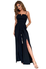 Black Spaghetti High Slit Leg Jumpsuit with Pockets