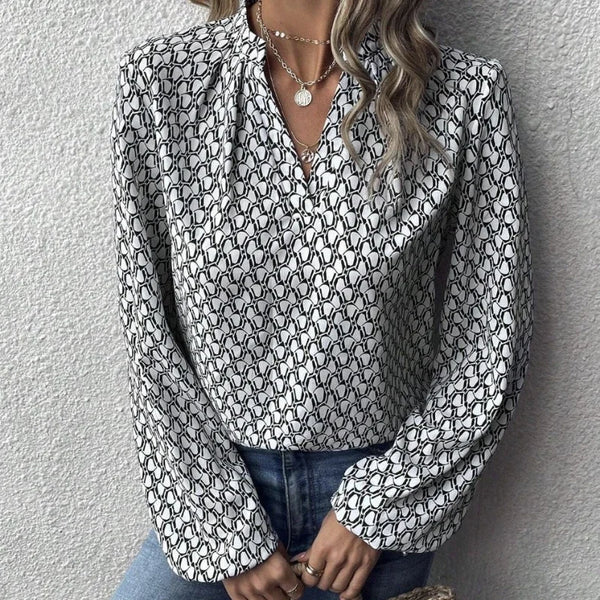 Office Lady Button Lotus Leaf Splicing V-neck Long Sleeved Shirt For Women