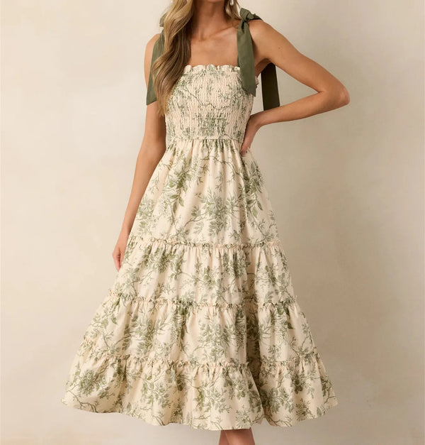 Imcute Women Y2k Floral Smocked Maxi Dress Bow Tie Shoulder, Boho Casual Beach Long Dresses