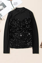 Black Long Sleeves Sequin Mesh Mock Neck Blouse
