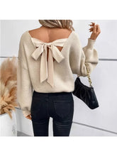 Women's Knitted Sweater Deep V Neck Bow Lantern Sleeves, Clothing for Women Simple Fashion