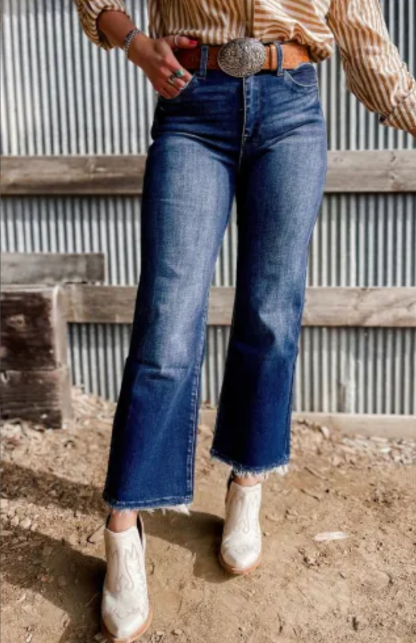 Sail Blue Mineral Wash Raw Hem High Waist Flared Jeans
