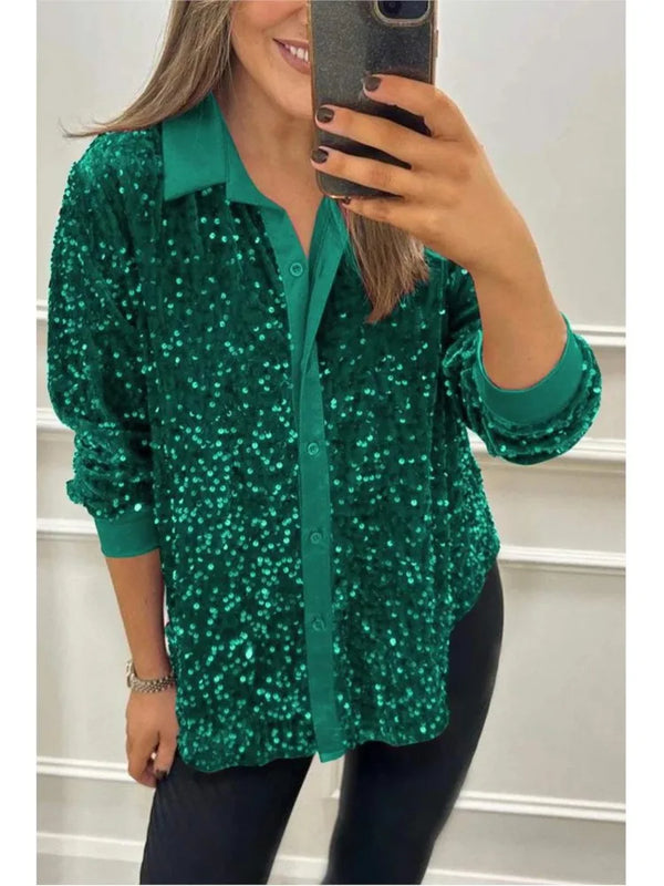Spring Autumn Casual Shiny Sequin Women's Shirt Elegant Office Lapel Long Sleeved Top Fashion