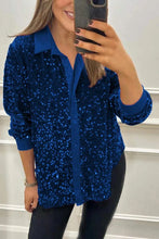 Spring Autumn Casual Shiny Sequin Women's Shirt Elegant Office Lapel Long Sleeved Top Fashion