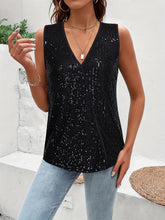 Plunging Neck Sequin V Neck Tank Top, Sleeveless Top, Women's Clothing