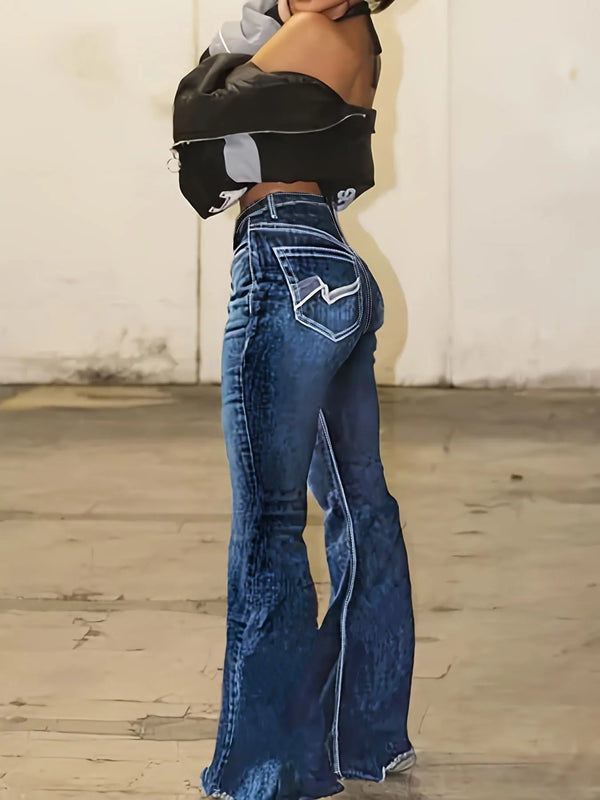 Double Button Geometric Embroidered Back Bag High Waist Skinny Mature Women's Denim Trousers