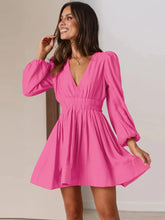 French Style Long Sleeve V-Neck Solid Color Dress Elegant