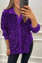 Spring Autumn Casual Shiny Sequin Women's Shirt Elegant Office Lapel Long Sleeved Top Fashion