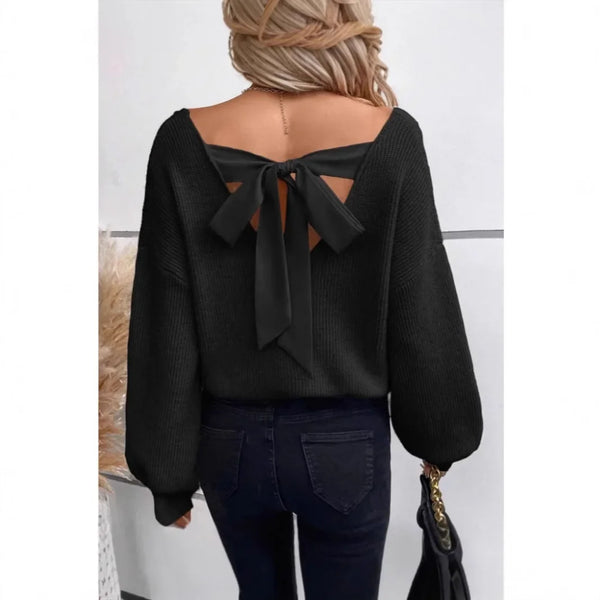 Women's Knitted Sweater Deep V Neck Bow Lantern Sleeves, Clothing for Women Simple Fashion