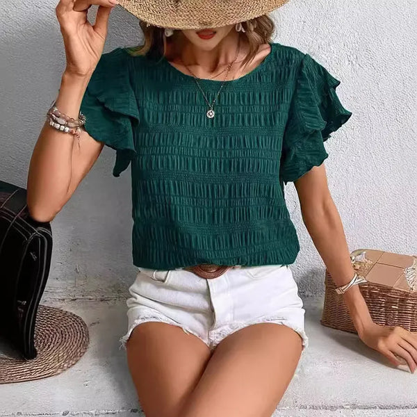 Casual round Neck Ruffle Sleeve Women's Top Spring Summer Fashion Female T-shirt