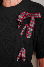 Fiery Red Plaid Lace up Detail Christmas Holiday Puff Short Sleeve Sweater