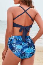Blue Crossed Straps Twisted Tropical Print Knot Side High Waist Bottom 2pcs Swimsuit
