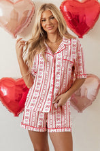 Red Cute Bow Heart Print Ribbon Decor Short 2pcs Pajama Set