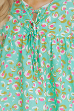 Green Abstract Printed Lace-up Lantern Sleeve Babydoll Blouse