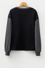 Black Halloween Rhinestone Pumpkin Face Contrast Ribbed Long Sleeve Patchwork Top