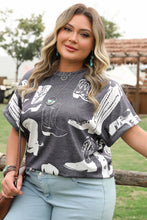 Gray Plus Size Western Boots Print Crew Neck T Shirt