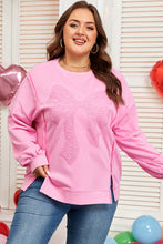 Pink Big Bow Lace Embroidered Dolman Sleeve Slit Plus Size Sweatshirt