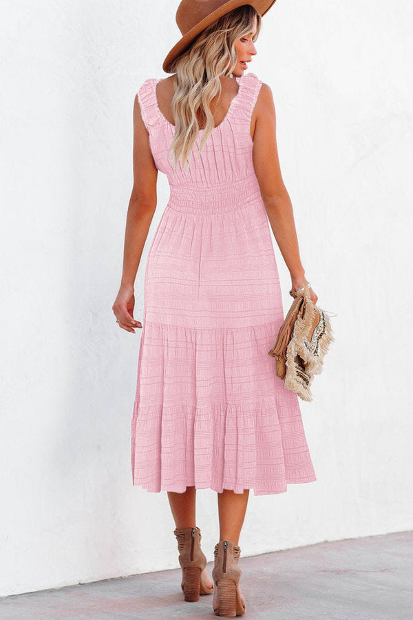 Pink Shirred Pleated Square Neck Sleeveless Midi Dress