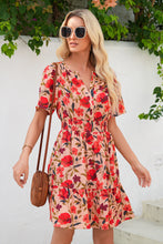 Green Floral Print Wrap V Neck Short Sleeve High Waistband Mini Dress