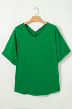 Bright Pink Seamed Back High Low Hem V Neck Cuffed Sleeve Plus Size Tee