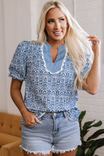 Blue Floral Striped Print Contrast Ric-rac Puff Sleeve Top