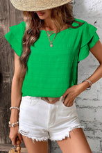 Dark Blue Textured Ruffled Sleeve Round Neck Top