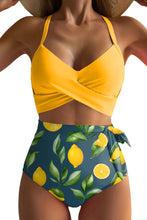 Blue Crossed Straps Twisted Tropical Print Knot Side High Waist Bottom 2pcs Swimsuit