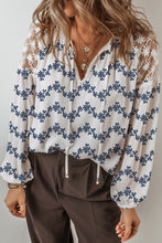 Blue Lace Patchwork Floral Bubble Sleeve V Split Neck Blouse