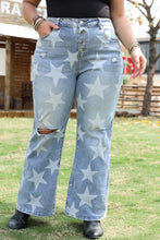 Sky Blue Star Printed Multi Buttons Slit Knee Destroyed Plus Size Jeans