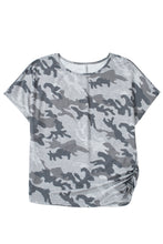 Gray Camouflage Print Round Neck T Shirt
