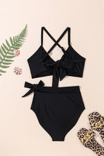 Blue Crossed Straps Twisted Tropical Print Knot Side High Waist Bottom 2pcs Swimsuit